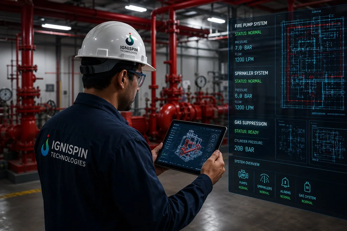Ignispin Technologies — Engineer reviewing fire protection systems on tablet