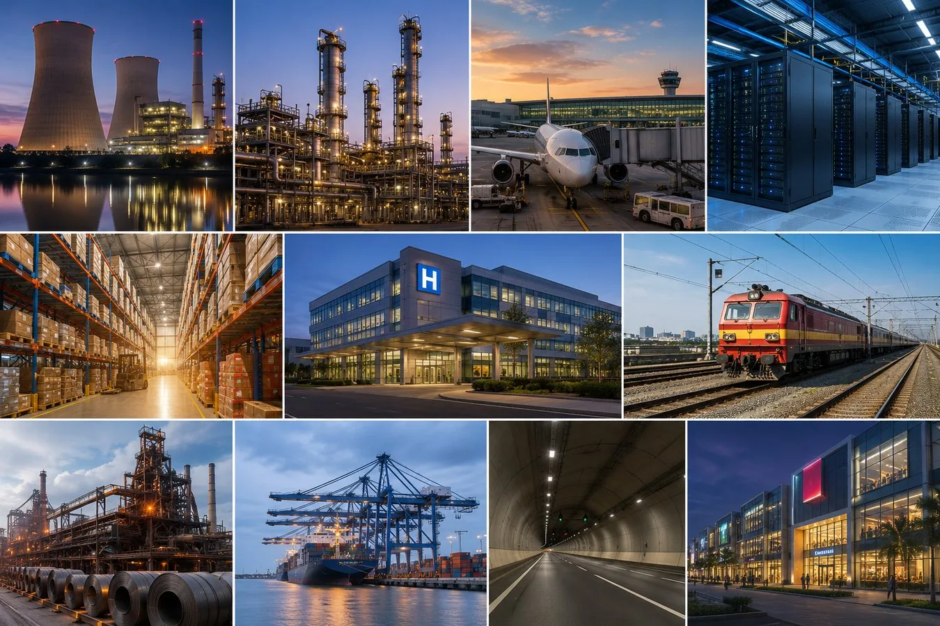 Industries we serve — Power, Oil & Gas, Airports, Data Centres, Warehouses, Hospitals, Railways, Steel Plants, Ports, Government